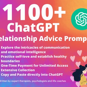 Może przedstawiać: Grafika w kolorze różowym, pomarańczowym i zielonym z tekstem "1100+ ChatGPT Relationship Advice Prompts". Grafika zawiera również zielone koło ze stylizowanym wzorem węzła i parę obejmującą się. Tekst "*Napisało to grono doświadczonych terapeutów, psychologów i coachów życiowych" znajduje się na dole grafiki.