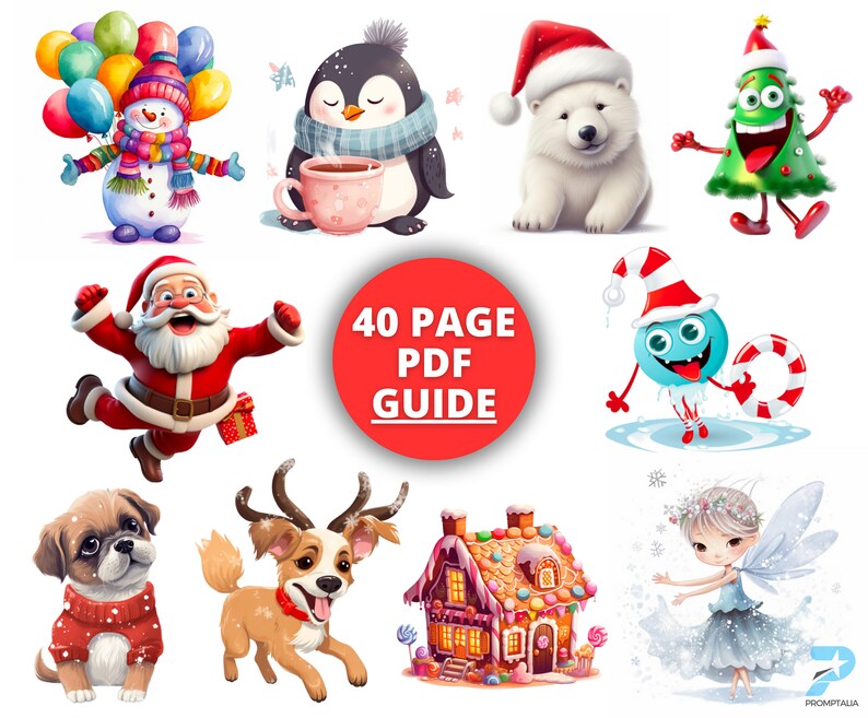 May include: A collection of 10 colorful Christmas illustrations, including a snowman, penguin, polar bear, Christmas tree, Santa Claus, a blue monster, a gingerbread house, a reindeer, a puppy, and a fairy. The illustrations are surrounded by a red circle with the text "40 PAGE PDF GUIDE".