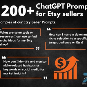 May include: A graphic with the text "ChatGPT Prompts 1200+ for Etsy sellers" and examples of prompts for Etsy sellers. The prompts are: "What are some tools or resources I can use to find niche ideas for my Etsy shop?", "How can I narrow down my niche selection to a specific target audience on Etsy?", and "How can I identify and monitor niche-related hashtags or keywords on social media for market insights?"