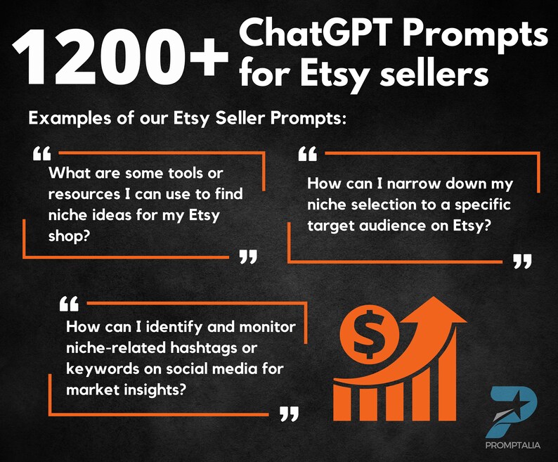 May include: A graphic with the text "ChatGPT Prompts 1200+ for Etsy sellers" and examples of prompts for Etsy sellers. The prompts are: "What are some tools or resources I can use to find niche ideas for my Etsy shop?", "How can I narrow down my niche selection to a specific target audience on Etsy?", and "How can I identify and monitor niche-related hashtags or keywords on social media for market insights?"