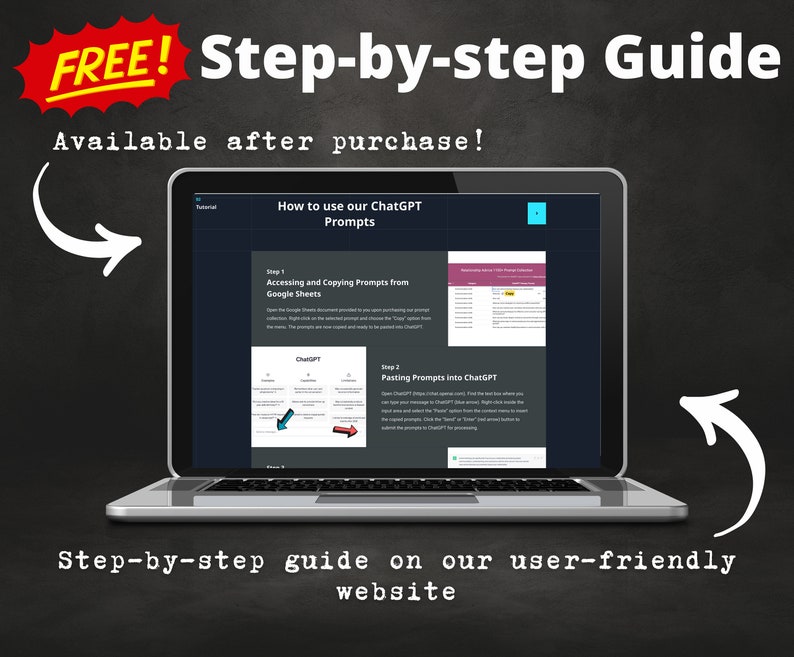 May include: A laptop computer screen displaying a step-by-step guide on how to use ChatGPT prompts. The guide is available after purchase and includes instructions on accessing and copying prompts from Google Sheets and pasting them into ChatGPT.