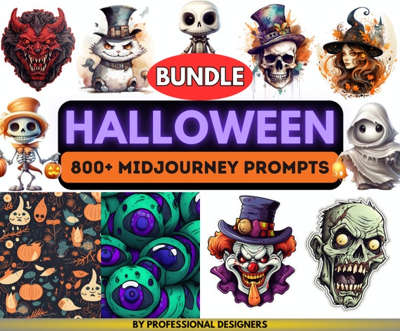 Midjourney AI Prompts for Halloween | Seamless Patterns and Digital Paper | Stickers | T-Shirt Designs | Watercolor Spooky Illustrations