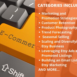 May include: A keyboard with an orange key labeled "E-Commerce". The text "CATEGORIES INCLUDE:" is displayed on the right side of the image, followed by a list of topics related to Etsy business, such as marketing, customer retention, and product photography.
