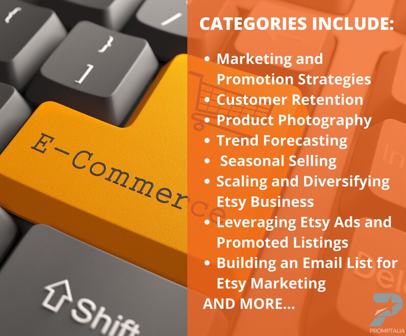 May include: A keyboard with an orange key labeled "E-Commerce". The text "CATEGORIES INCLUDE:" is displayed on the right side of the image, followed by a list of topics related to Etsy business, such as marketing, customer retention, and product photography.