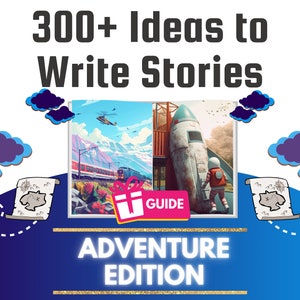 Puede incluir: Un gráfico azul y dorado con el texto "300+ Ideas para escribir historias Edición Aventura" y dos imágenes de un tren y un cohete. El gráfico también incluye una caja de regalo rosa con la palabra "GUÍA" en ella.