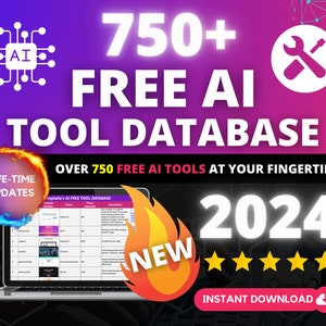 Può includere: Uno schermo di computer portatile che mostra un foglio di calcolo con un elenco di oltre 750 strumenti di intelligenza artificiale gratuiti. Il foglio di calcolo è intitolato "mptalia's AI FREE TOOL DATABASE". Lo schermo è su un computer portatile con uno sfondo bianco. L'immagine include anche una grafica di fiamma rossa e gialla con la parola "NEW" in testo bianco. L'immagine ha uno sfondo bianco con un gradiente viola e rosa. Il testo "750+ FREE AI TOOL DATABASE" è in testo bianco con un contorno nero. Il testo "2024" è in testo bianco con un contorno nero. Il testo "LIFE-TIME UPDATES" è in testo bianco con un contorno nero. Il testo "OVER 750 FREE AI TOOLS AT YOUR FINGERTIPS" è in testo bianco con un contorno nero. Il testo "INSTANT DOWNLOAD" è in testo bianco con un contorno nero. L'immagine include anche un'icona di chiave inglese bianca con un contorno nero.