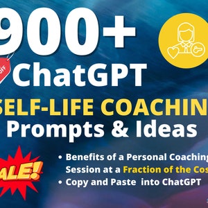 Könnte beinhalten: Eine gelbe und rote Grafik mit dem Text "900+ ChatGPT SELF-LIFE COACHING Prompts & Ideas" und einem roten Stern mit dem Text "SALE!" in Weiß. Die Grafik enthält auch einen gelben Kreis mit einer Strichzeichnung einer Person mit einem Herzen und einem Schlüssel. Der Text "65% off" befindet sich auf einem roten und weißen Etikett.