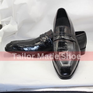 Exotic Black Crocodile-Print Leather Shoe for Men Artisan-Made Black Leather Shoes Slip-On Classic Formal Style Bespoke Premium Quality Shoe