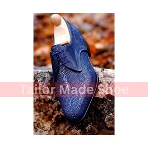 Premium Shoes Handmade Men Blue Fish leather Oxford Shoes Pointed Toe Lace up Men&#39;s Fashion shoes & Womens Fashion Shoes