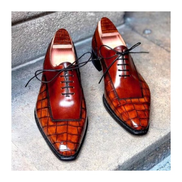 Hand Made Handcrafted Bespoke Goodyear Welted Hand Stitched Crocodile Texture Leather Lace Up Oxford Formal Dress Men's Party Wears Shoes