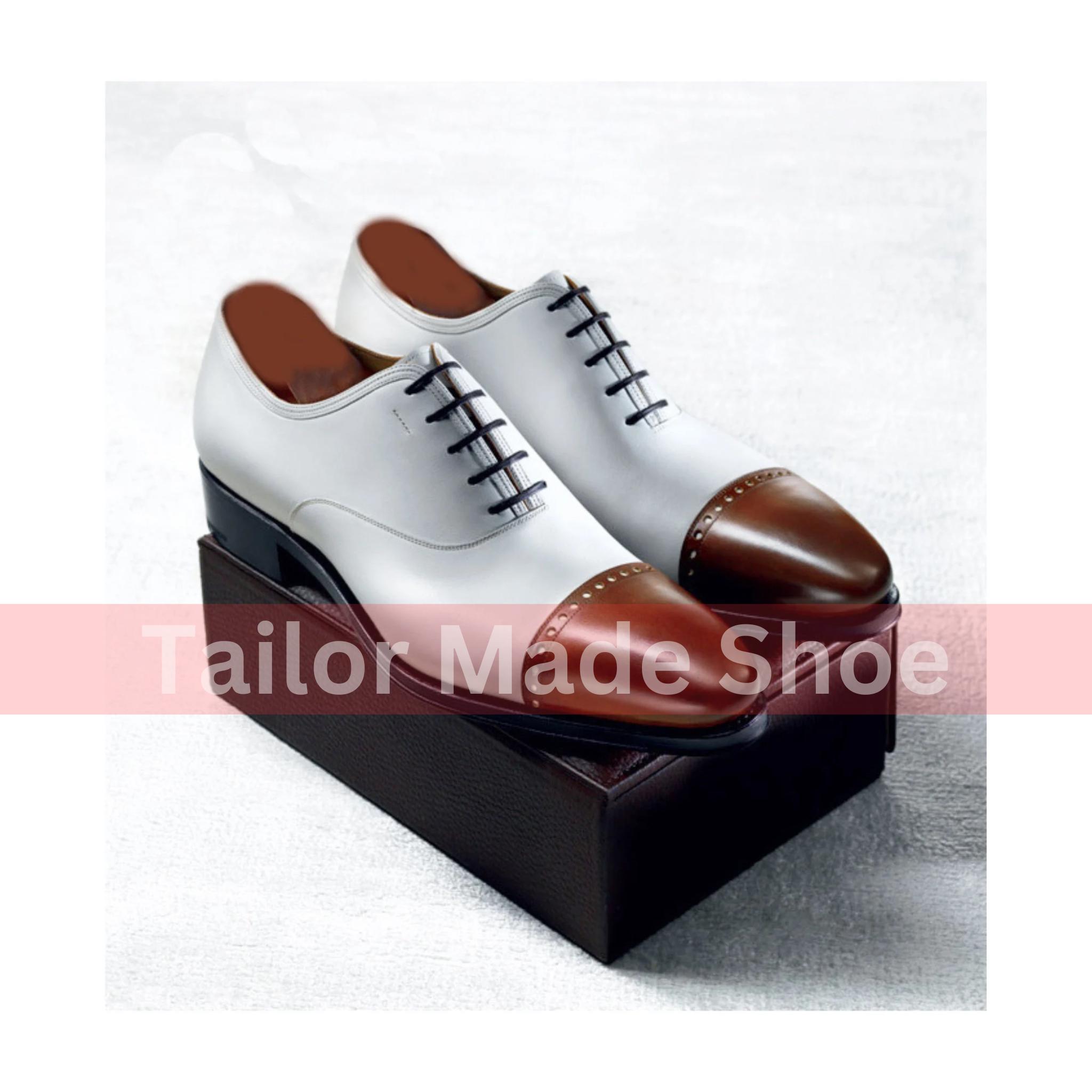 Custom Made Bespoke Handmade Handcrafted Premium Quality White & Brown Leather Toe Cap Oxford Formal Dress Mens Fashion Shoes, Wedding Shoes