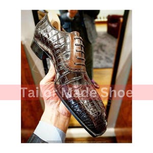 Handmade Goodness Mens Crocodile Texture Leather Dress Shoes, Men Brown Patina Leather Shoes Unique Shoes Handmade Fashion Handcrafted Shoes