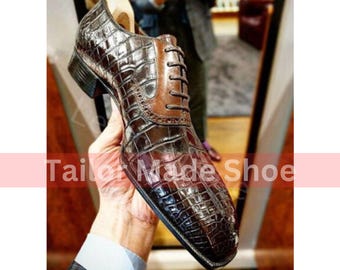Handmade Goodness Mens Crocodile Texture Leather Dress Shoes, Men Brown Patina Leather Shoes Unique Shoes Handmade Fashion Handcrafted Shoes
