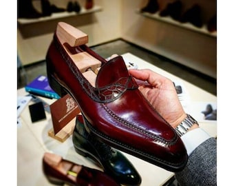 Bespoke Handmade Premium Quality Burgundy Leather Loafer Slip on Moccasin Anniversary Gift Shoe Wedding Men Shoes Gift Shoe Mens Dress Shoes