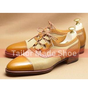 Tailor Made Handmade Bespoke Handcrafted Two Toned Leather, Suede Toe Cap Brogue Oxford Laceup Stylish Fashion Shoes Formal Dress Mens Shoes