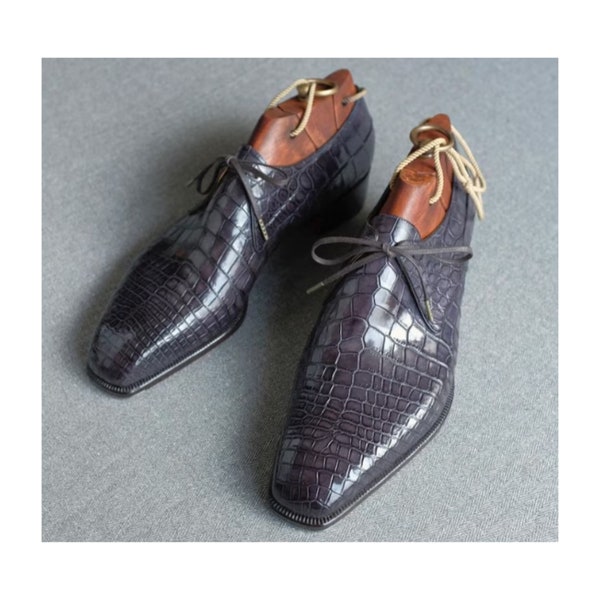 Artisan-Crafted Leather Oxford Shoes Your Impeccable Style Premium Crocodile Texture Leather Shoes Derby Shoes, Whole Cut Shoes, for Mens