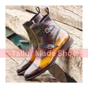 Handmade Custom Made Boots Bespoke Boots Three Tone Genuine Leather Ankle Double Monk Strap Toe Cap Dress Formal Men&#39;s Boots & Women&#39;s Boots