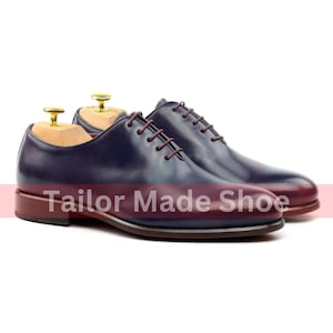 Handmade Goodyear Welted HandStitched Blue Genuine Leather Shoes Whole Cut Shoes Oxford Shoes Brogue Lace Up Formal Dress Mens Fashion Shoes