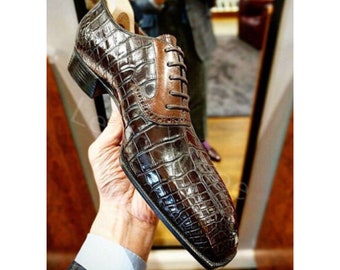 Handmade Goodness Mens Crocodile Texture Leather Dress Shoes, Men Brown Patina Leather Shoes Unique Shoes Handmade Fashion Handcrafted Shoes