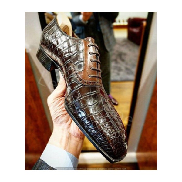 Handmade Goodness Mens Crocodile Texture Leather Dress Shoes, Men Brown Patina Leather Shoes Unique Shoes Handmade Fashion Handcrafted Shoes