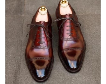 Handmade Shoes Custom Shoes Artisan Shoes Handcrafted Footwear Premium Quality Burgundy Leather Toe Cap Oxford Lace Up Brogue Dress Shoes