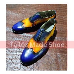 Bespoke Handmade Made To Measure Two Tone Premium Quality Shaded Leather Wingtip Oxford Lace Up Party Wears Anniversary Gift Mens Dress Shoe
