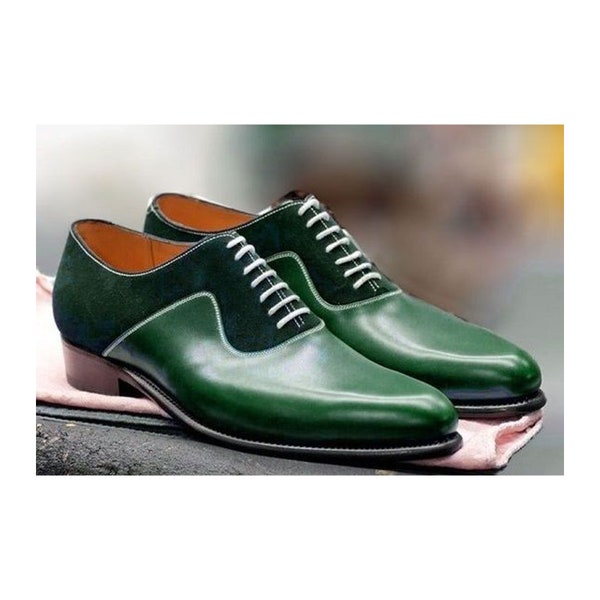 Bespoke Shoes Handmade Goodyear Welted Handstitched Green Genuine Leather and Suede Whole Cut Oxford Lace Up Formal Dress Mens Fashion Shoes