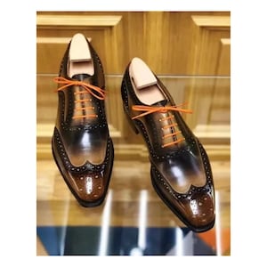 New Men&#39;s Handmade Multicolor Leather Oxford Wingtip Brogue Lace Up Formal Shoes Luxury Wedding Party Wear Christmas Summer Goodyear Welted