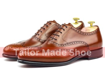 Handcrafted Cognac Brown Calf Leather Wingtip Brogue Oxford  display picture 3