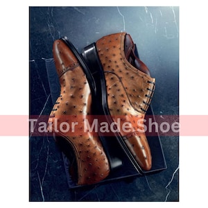 Tailor Made Handmade Goodyear Welted Handcrafted Hand Stitched Bespoke Pure Brown Ostrich Leather Toe Cap Stylish Party Wears Shoes for Mens