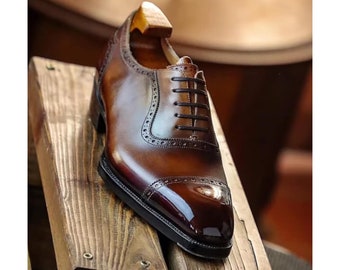 Custom Made Handmade Shoes Made To Order Shoes Premium Quality Genuine Brown Leather Toe Cap Wingtip Oxford Stylish Mens Formal Dress Shoes