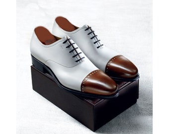 Custom Made Bespoke Handmade Handcrafted Premium Quality White & Brown Leather Toe Cap Oxford Formal Dress Mens Fashion Shoes, Wedding Shoes