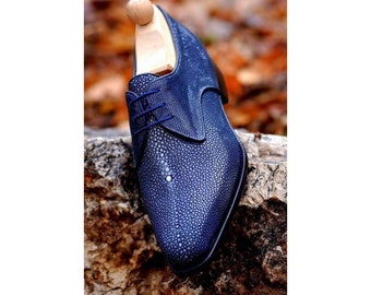 Premium Shoes Handmade Men Blue Fish leather Oxford Shoes Pointed Toe Lace up Men's Fashion shoes & Womens Fashion Shoes