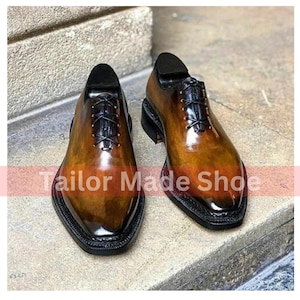 Tailor Made Handmade Bespoke Tan Pure Calf Leather Whole cut Oxford Lace Up Formal Handmade Men Shoes