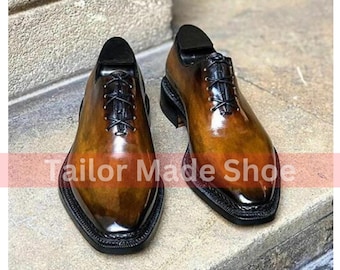 Tailor Made Handmade Bespoke Tan Pure Calf Leather Whole cut Oxford Lace Up Formal Handmade Men Shoes
