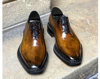 Tailor Made Handmade Bespoke Tan Pure Calf Leather Whole cut Oxford Lace Up Formal Handmade Men Shoes