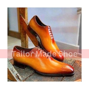 Handmade Goodyear Welted HandStitched Tan Genuine Leather Shoes Whole Cut Shoes Oxford Shoes Brogue Lace Up Formal Dress Mens Fashion Shoes