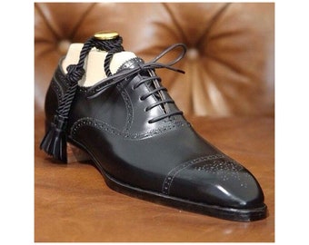 Bespoke Handmade Handcrafted Goodyear Welted Shoe Art Genuine Black Leather Shoes Toe Cap Shoes Lace up Oxford Formal Dress Shoes for Mens