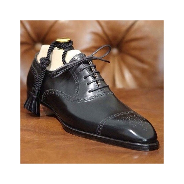 Bespoke Handmade Handcrafted Goodyear Welted Shoe Art Genuine Black Leather Shoes Toe Cap Shoes Lace up Oxford Formal Dress Shoes for Mens