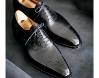 Acheter des chaussures faites à la main sur mesure faites à la main chaussures cousues à la main en cuir de veau noir brillant à lacets Cap Toe Oxford chaussures habillées formelles pour hommes