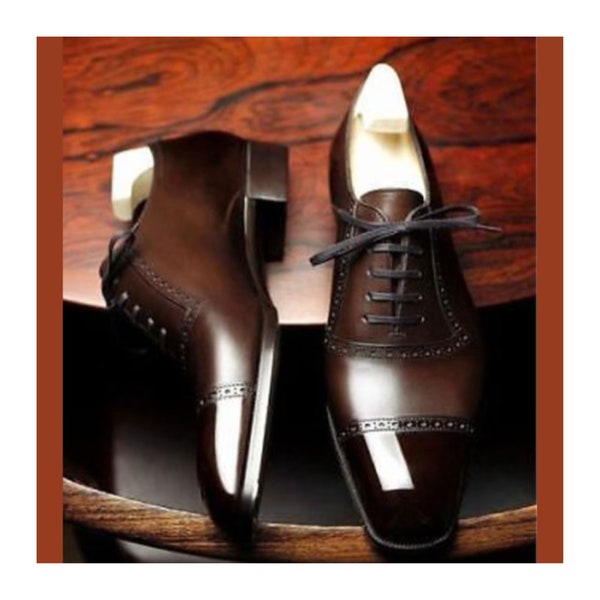 Made To Order Shoes For Men's Handmade Bespoke Handcrated Shoes Goodyear Welted Chocolate Brown Leather Toe Cap Oxford Dress Shoes For Mens