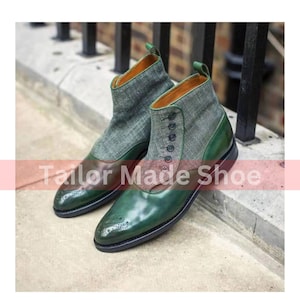 Goodyear Welted Boots, Anniversary Boots, Wedding Boots, Men&#39;s Genuine Two Tone Leather, Fabric Button Ankle Dress Formal Boots For Mens