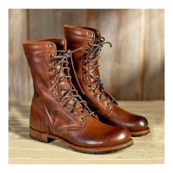 Men New Handmade Handstiched Handpolished Goodyear Welted Custom Made Boots Brown Pure Leather Military Boots, High Ankle Lace Up Derby Boot