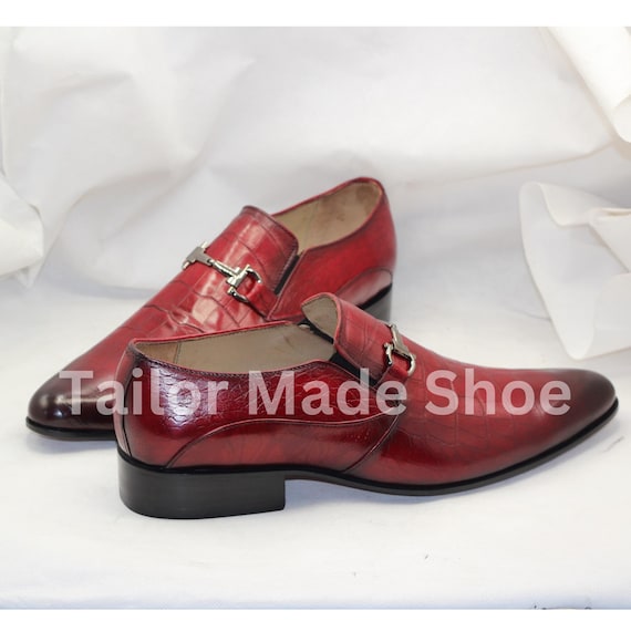Red Crocodile-pattern Leather Loafers – Luxury Handmade Slip-ons