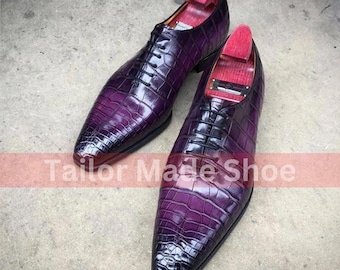 Handmade Bespoke Goodyear Welted Hand Stitched Purple Crocodile Texture Leather Whole Cut Oxford lace up Formal Dress Mens Fashion Shoes