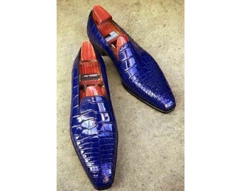 Bespoke Handmade Goodyear Welted Hand Stitched Artisan Blue Crocodile Texture Leather Loafers Slipon Moccasin Formal Dress Men Fashion Shoes