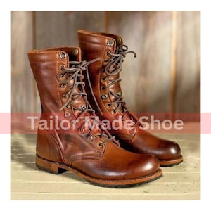 Men New Handmade Handstiched Handpolished Goodyear Welted Custom Made Boots Brown Pure Leather Military Boots, High Ankle Lace Up Derby Boot