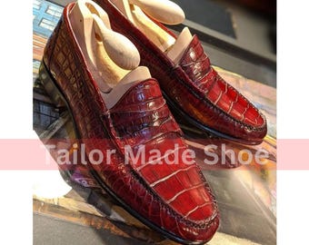 Bespoke Handmade Goodyear Welted Hand Stitched Artisan Red Alligator Texture Leather Loafers Slipon Moccasin Formal Dress Men Fashion Shoes