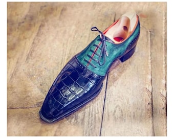 Handmade Goodyear Welted Hand Stitched Blue Crocodile Texture Leather and Suede Whole Cut Oxford Lace Up Formal Dress Mens Fashion Shoes