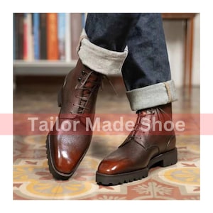 Bespoke Handcrafted Handmade Grain Brown Shaded Leather Ankle Derby Lace Up Dress Boots Men&#39;s Stylish Boots, Gentlemen Boots, Winter Boots